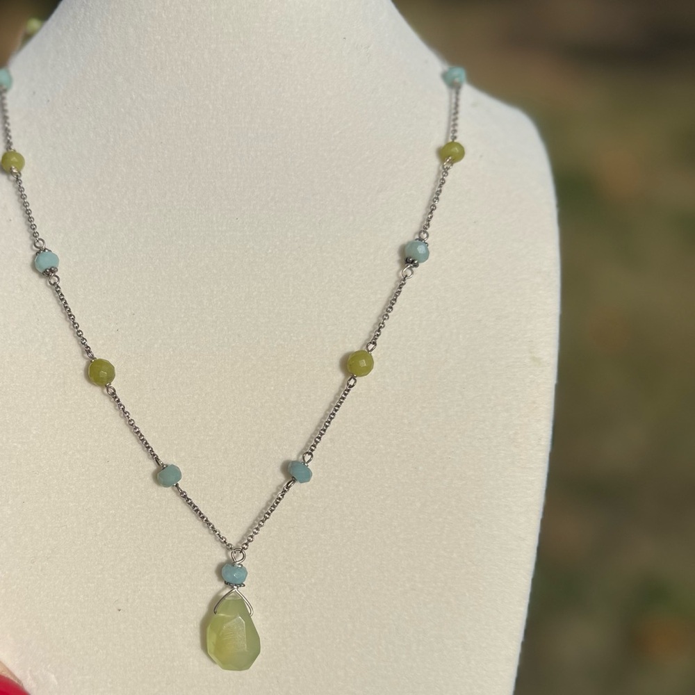 Elegant Sterling  Silver Necklace with Green and Blue Gem Accents Chalcedony?